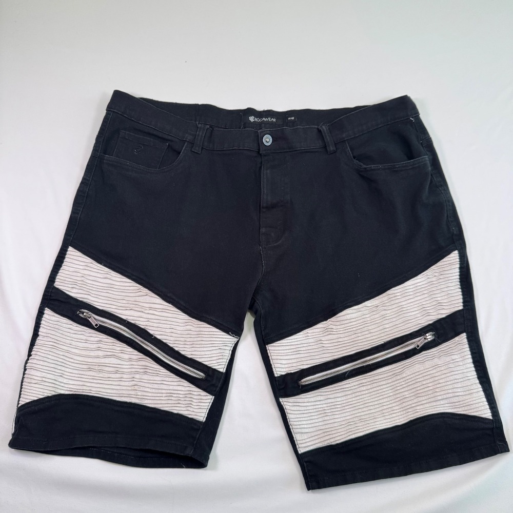 Rocawear Moto Shorts Mens 48 Black Biker Ribbed‎ Zip Pockets Streetwear Hip Hop